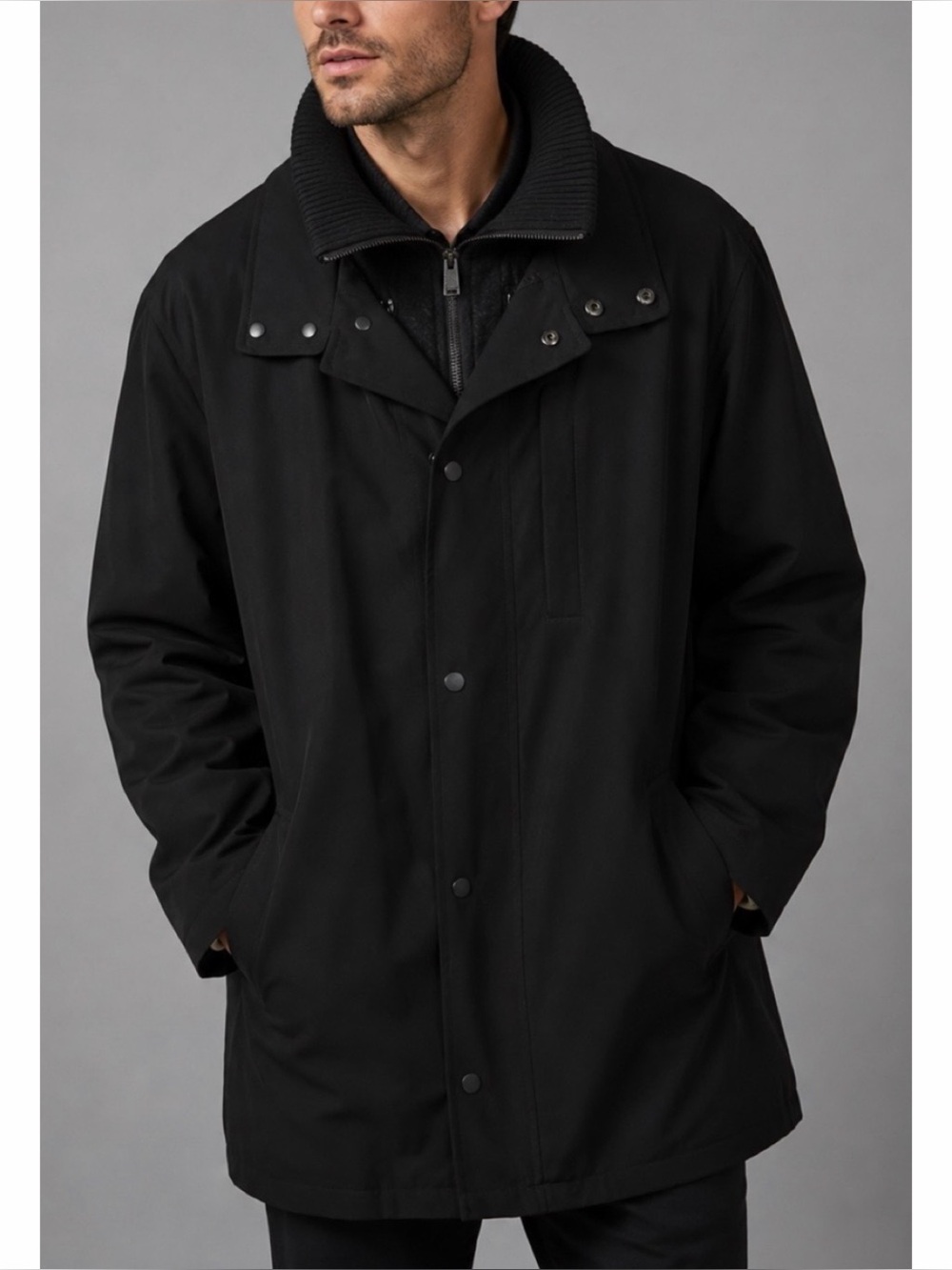 CALVIN KLEIN • Black Layered Removable Warmer Overcoat Jacket w/ Stand Collar XL